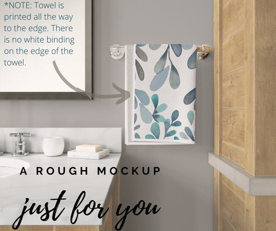 Sky Blue, Indigo, Gray, White Foliage Hand Towels, Guest 11x18 & 15x25 Inches, Modern Watercolor Leaves Print