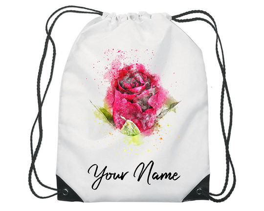 Personalised Watercolour Rose Gym Bag Pe Dance Sports School Swim Shoe Water Resistant