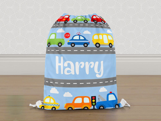 Personalised Cars & Transport Gym Bag, Boys Kids Drawstring Childrens School Pe Swim Bag | Customise With Any Name