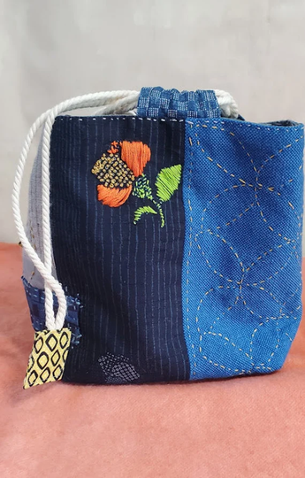 Small Japanese Rice Bag With Visible Mending & Sashiko Stitching - Blue