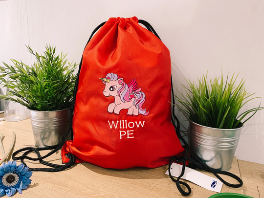 Personalised Unicorn Drawstring Bag, Unicorn Horse Bag, Kids Embroidery, School Kids Pe Kit Bag, Unicorn