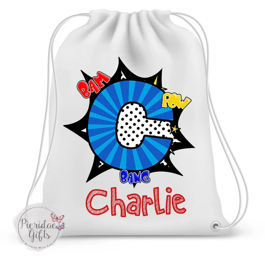 Personalised Superhero Alphabet Drawstring Bag, Pe Gym Swim Bag