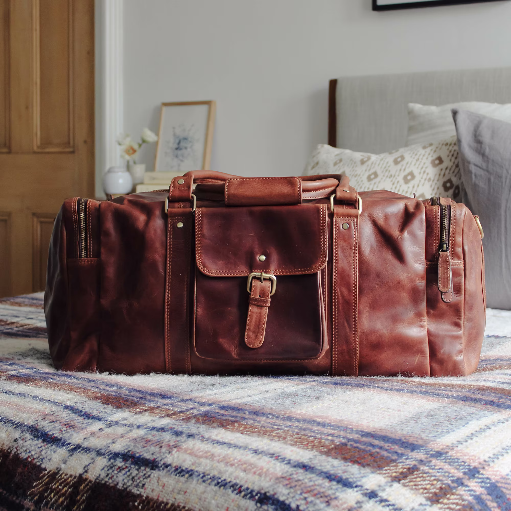 Leather Luggage Bag, Weekend Gym Overnight Travel Distressed Brown