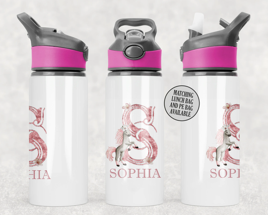 Personalised Unicorn Straw Bottle, Aluminium Water Gift For Girls, With Name, Pink Rainbow Glit