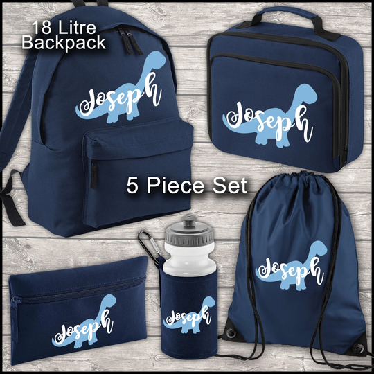 Personalised Backpack Kids 18 12 Or 9 Litre Boys Girls Dinosaur Name Lunch Bag Water Bottle Pencil Case School Pe Back To Navy