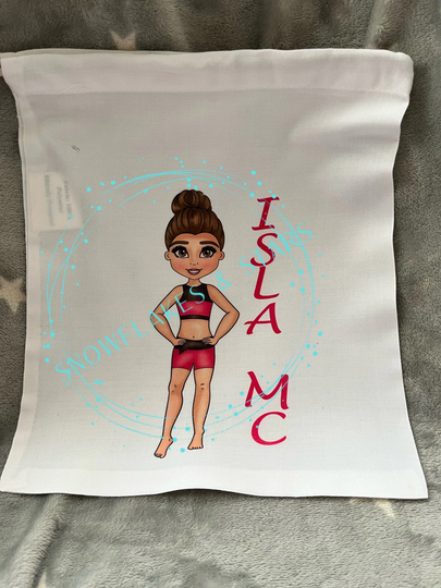 Personalised Cheerleader/Dancer Drawstring Bag, White, 25cm X 30cm, With Choice Of 36 Girls. Pink Crop Top & Shorts