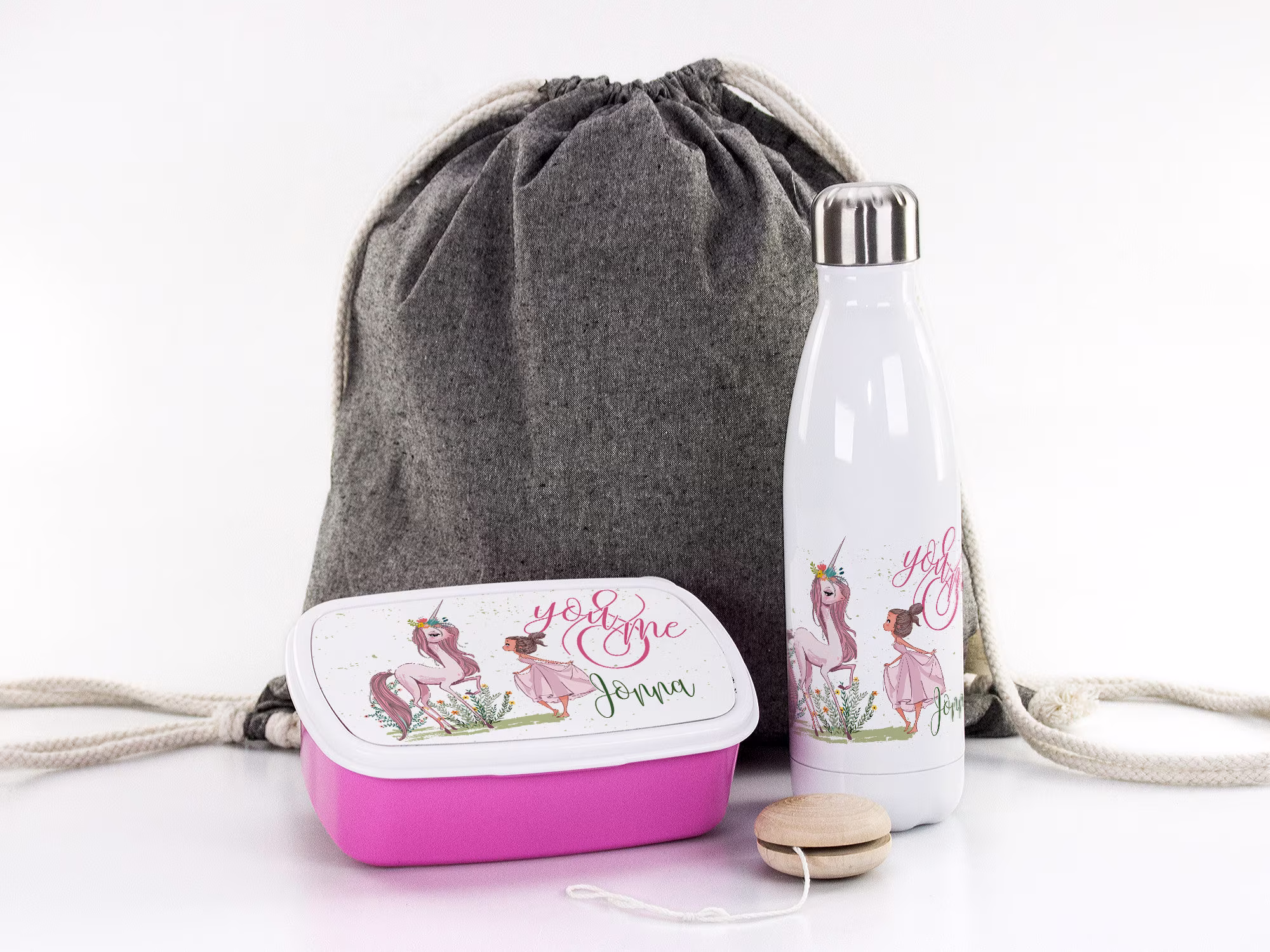 Gift Set For School, Personalized With Desired Name, Motif Unicorn & Girl, Bread Box, Drinking Bottle Bag School Daycare