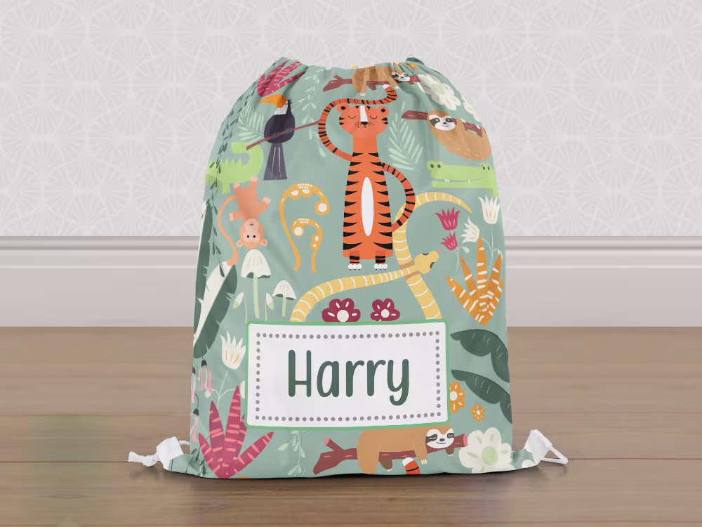 Personalised Rainforest Animals Gym Bag, Boys Kids Drawstring Childrens School Pe Swim Bag | Customise With Any Name