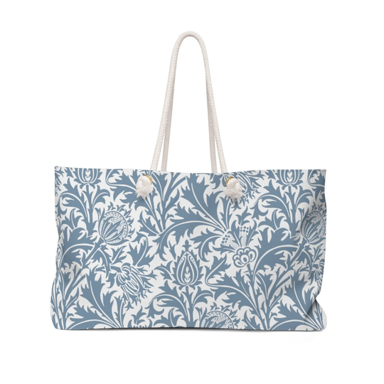 William Morris Oversized Weekend Bag | Blue & White Floral Beach Large Shoulder Carryall Thistle Flowers Pattern Summer Shopper
