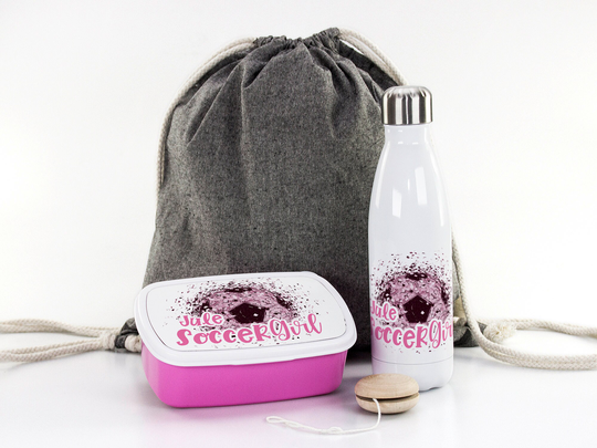 Gift Set For School, Personalized With Desired Name, Soccer Girl Motif, Bread Box, Drinking Bottle & Bag School Daycare