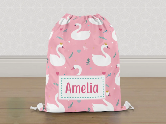 Personalised Princess Swan Gym Bag, Girls Kids Drawstring Childrens School Pe Swim Bag | Customise With Any Name