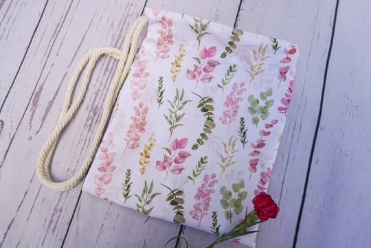 Handmade Pastel Pink Fern /Leaf Print Drawstring Bag/Backpack