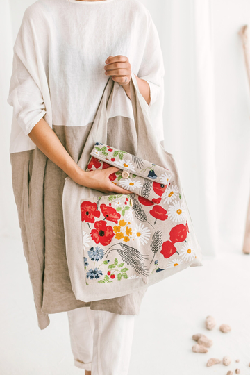 Linen Tote Bag With Wild Flowers Foldable Shopping Eco Friendly Reusable