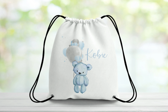 Personalised Cute Bear With Balloons Drawstring Bag