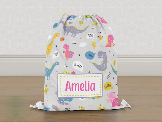 Personalised Dinosaur Gym Bag, Grey Dino Girls Kids Drawstring Childrens School Pe Swim Bag | Customise With Any Name