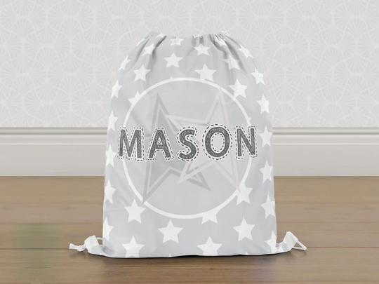 Personalised Grey Stars Gym Bag, Cute Boys Girls Kids Drawstring Childrens School Pe Swim Bag | Customise With Any Name