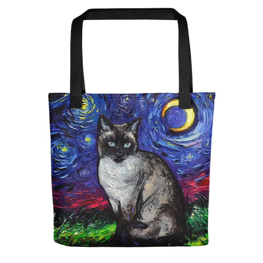 Siamese Cat & Crescent Moon Starry Night Tote Bag Handbag Artwork By Aja Cats Lover Gift Gym Shopping Grocery Carry All