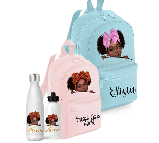 Personalised Black Girl Backpack, Kente Preschool Bag & Water Bottle Set, Kids Nursery Rucksack School Bag, Pre Backpack
