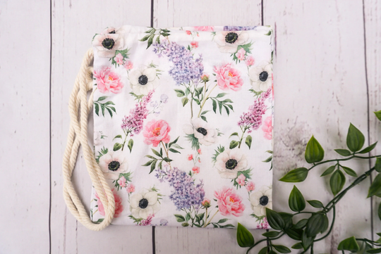 Handmade Pastel Pink Floral Print Drawstring Bag/Backpack Wild Flowers Girls Laundry