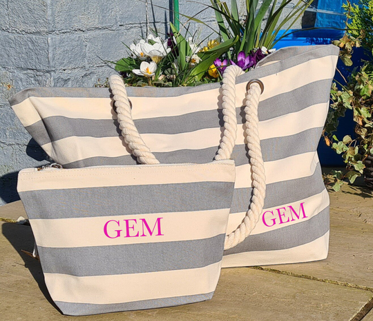 Beach Bag, Cosmetic Striped Tote Bag, Grey Canvas Tote, Bags, Beach Party, Wedding, Personalised