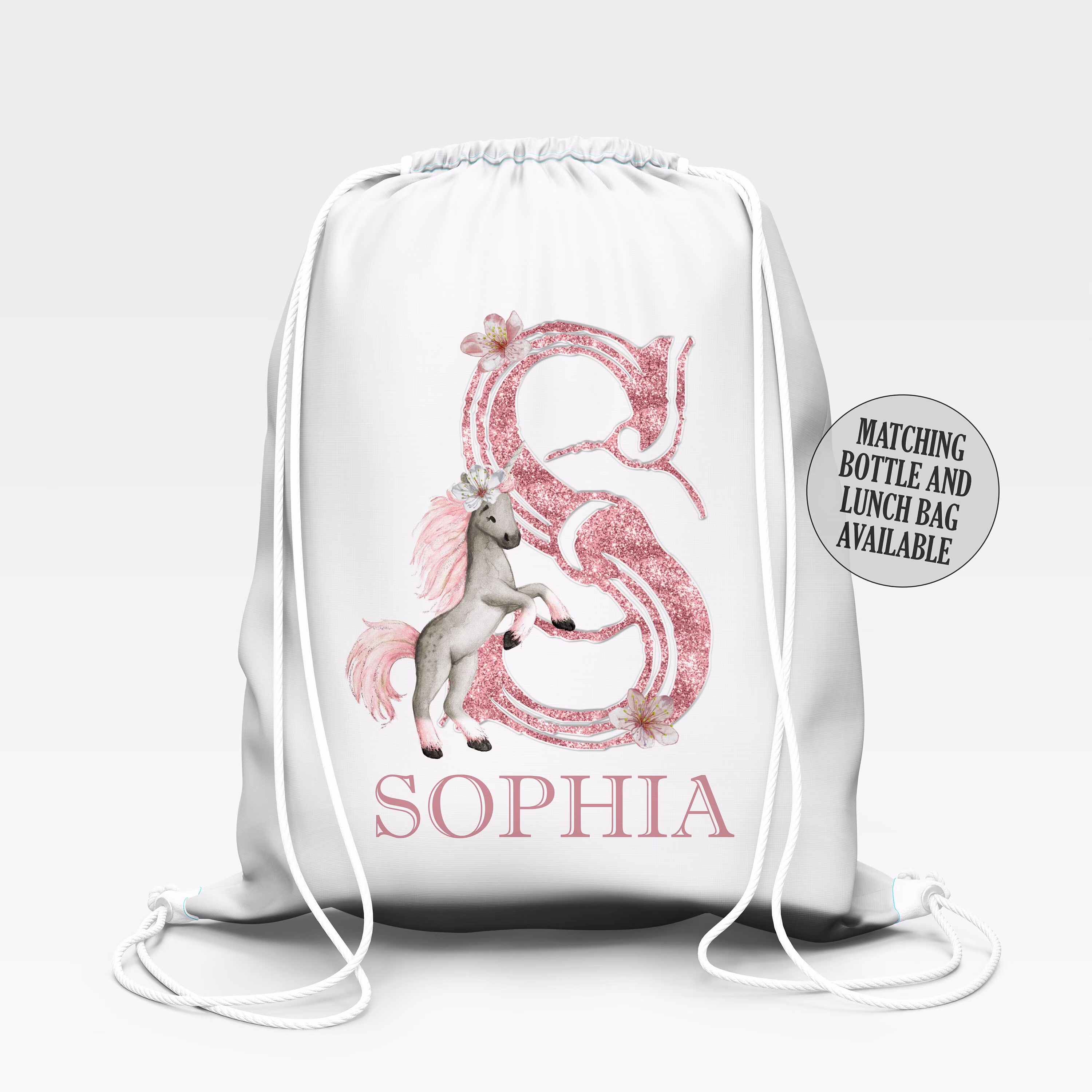 Personalised School Gym Bag, Kids Pe Back To Unicorn Rose Gold Glitter Letter Alphabet With Name