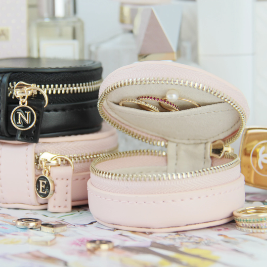 Personalised Pink Or Black Mini Round Leather Jewellery Case