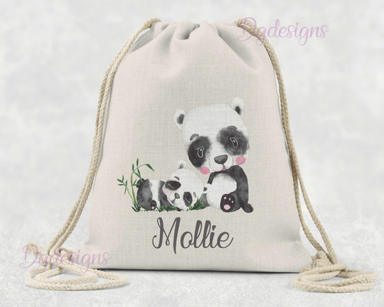 Personalised Bag Dance Gym Baby Gift Drawstring Linen Baby & Mummy Pandas