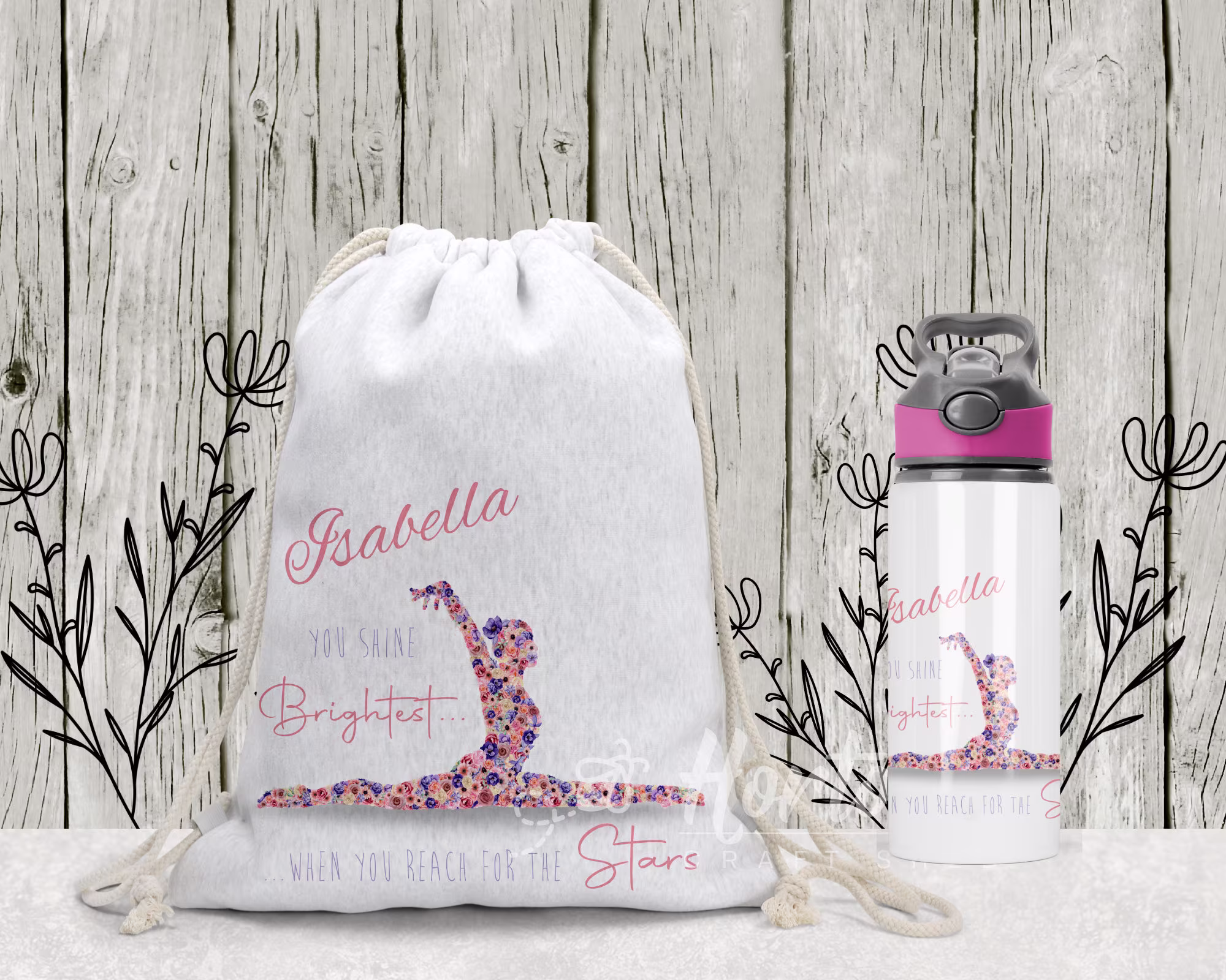 Personalised Back To Gymnastics Water Bottle, Bag| Floral| Gymnast Gift, Stocking Filler Gifts, Gym Bag, Pe Bag
