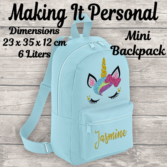 Personalised Unicorn Backpack Bag Rucksake Girls Blue Add Your Name Mini Kids Essential Fashion Size 6 Litres