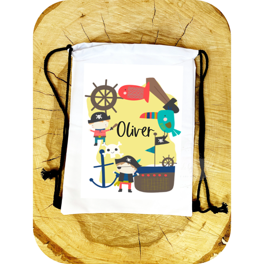 Personalised Pirate Drawstring Bag|Back To School Ship Parrot Design Sports Gym Bag|Gift Idea For Birthday, Child