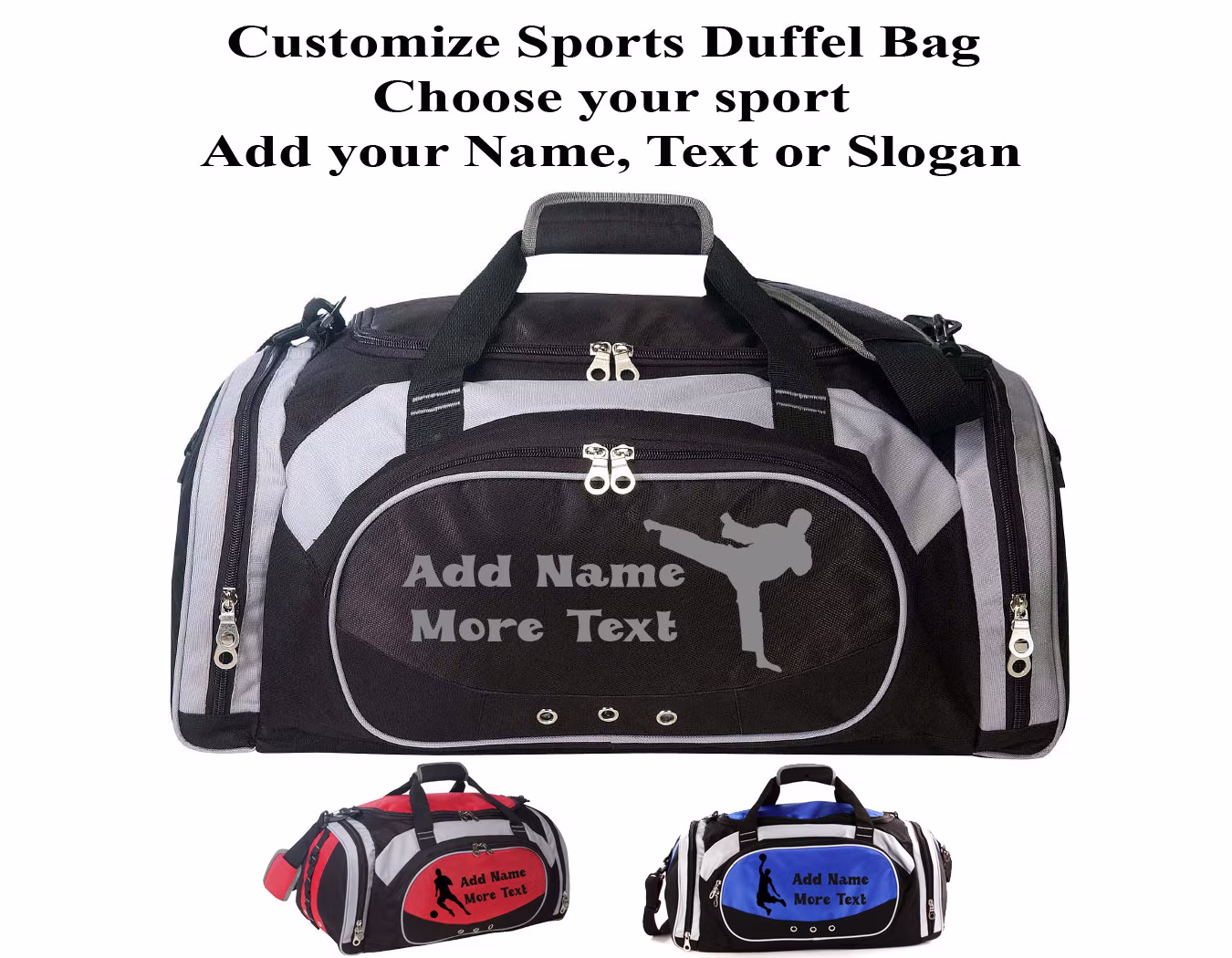 Gym Duffel Bag With Customized Sport, Name & Text - Karate, Football, Soccer, Basketball, Baseball, Wrestling, Cross Fit