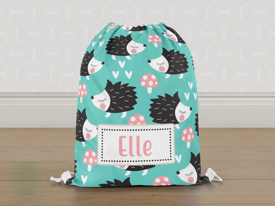 Personalised Hedgehog Gym Bag, Green Teal Girls Kids Drawstring Childrens School Pe Swim Bag | Customise With Any Name