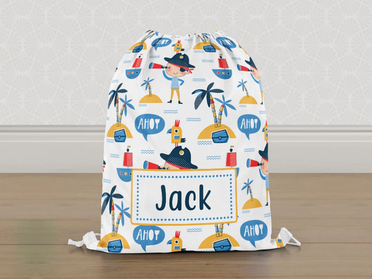 Personalised Pirate Ahoy Gym Bag, Boys Kids Drawstring Childrens School Pe Swim Bag | Customise With Any Name