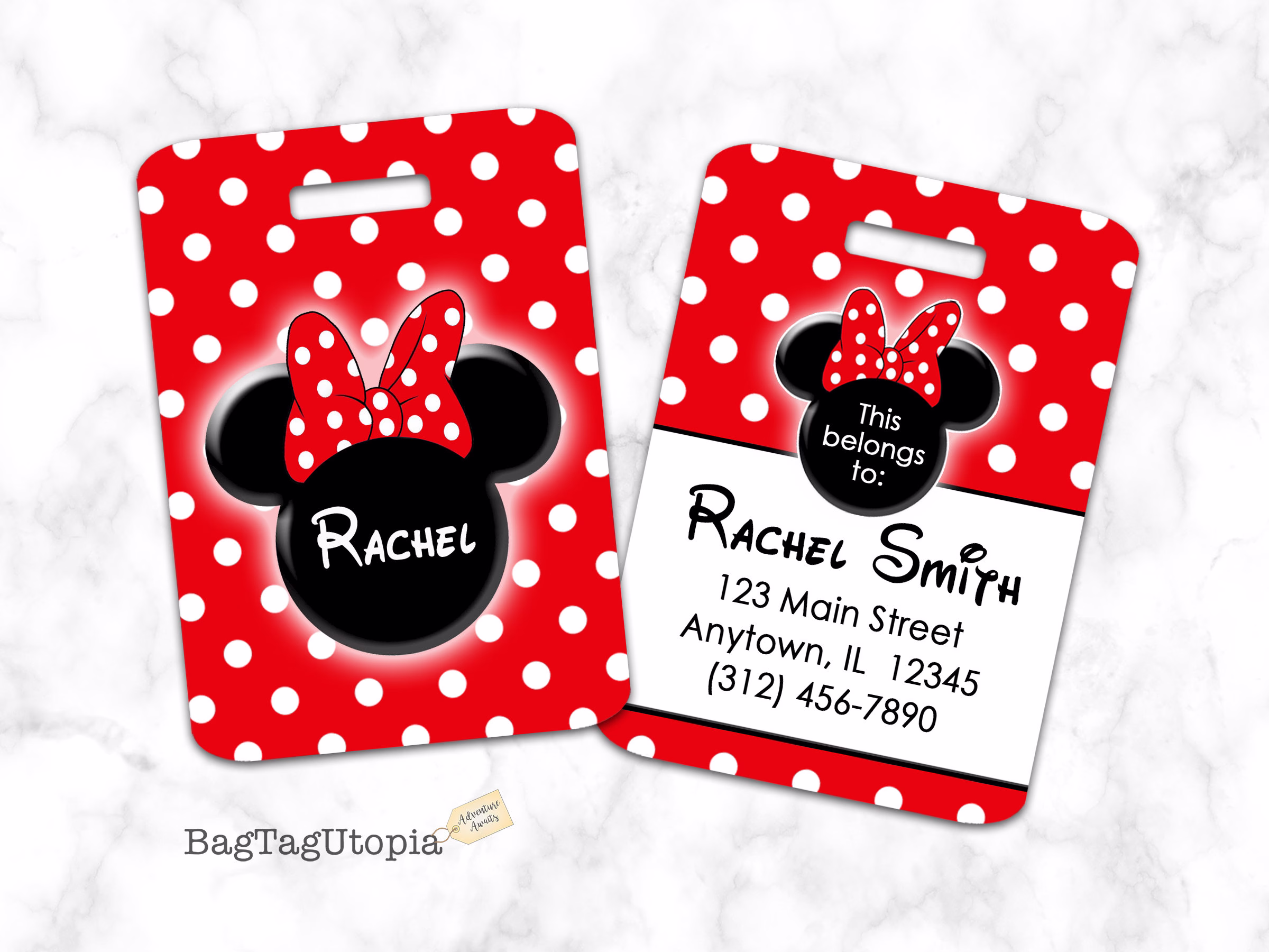 Minnie Mouse Luggage Tag, Bag Red With Polka Dots, Personalized