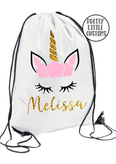 Glitter Unicorn Face With Eyelashes Personalised Kids Gym Bag School Pe - Your Name Sparkle Design