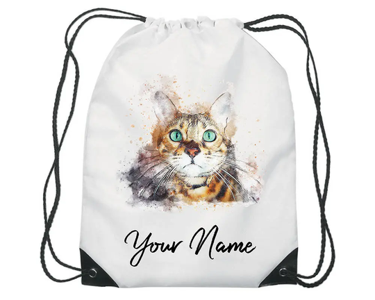 Personalised Watercolour Cat Gym Bag Pe Dance Sports School Swim Shoe Water Resistant