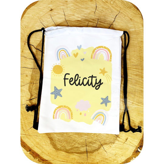 Personalised Rainbow Drawstring Bag|Back To School Girly Yellow Design Sports Gym Bag|Gift Idea For Birthday, Child, Daughter, Niece