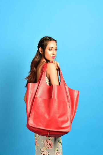 Extra Large Red Leather Tote Shopper Bag Shoulder Weekender Travel Shopping Oversized Everyday Purse