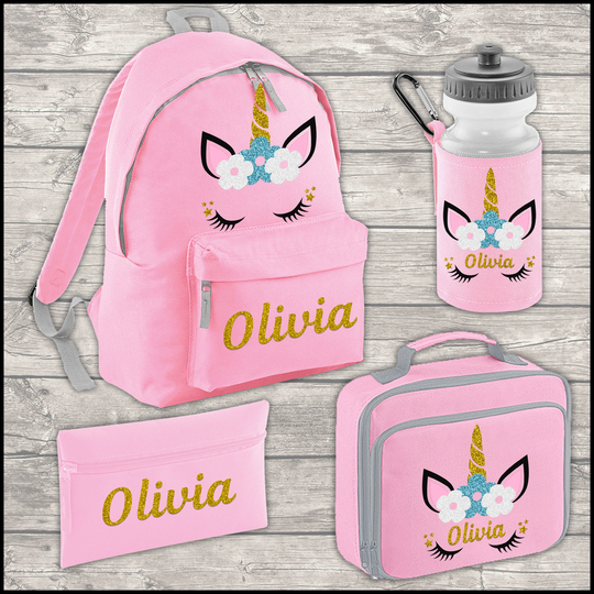 Personalised Unicorn 12L Backpack & Lunch Bag Water Bottle Free Pencil Case Back To School Kids Junior Size 12 Litres