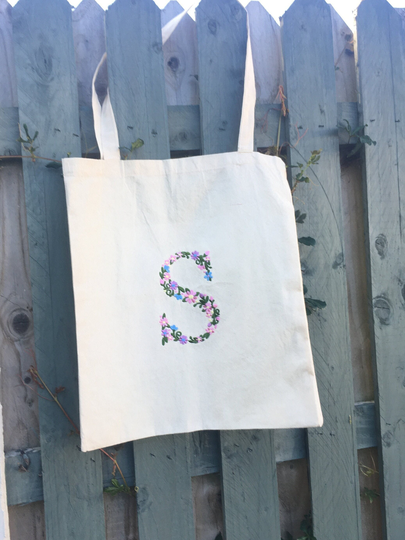 Personalised Floral Garden Monogram | 100% Gots Certified Organic Cotton Canvas Bag Embroidery Gift For Her