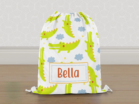 Personalised Crocodile Gym Bag, Boys Girls Kids Drawstring Childrens School Pe Swim Bag | Customise With Any Name