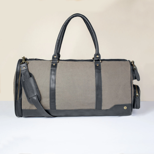 Personalized Canvas Leather Holdall/Duffle - Weekend Bag/Overnight Bag Gym Grey & Black Full Grain Handmade By Mahi