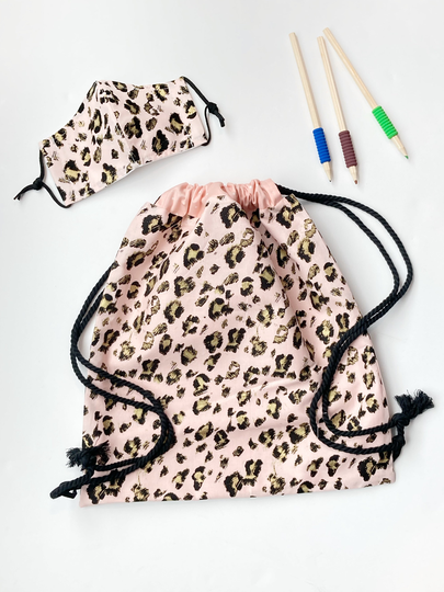 School Book Bag Drawstring Lined Backpack in Rose Gold Leopard, Student Gym Bag, Swimming