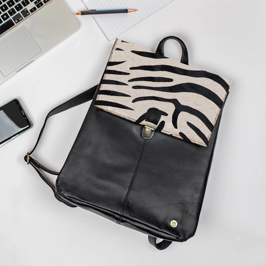 15 Inch Laptop Capacity Black Leather Backpack Yale Rucksack With Zebra Print Pony Hair For Her By Mahi