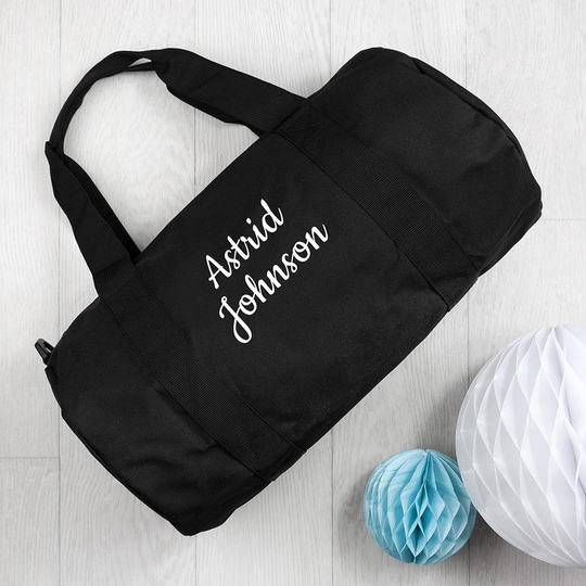 Personalised Kids Black Gym Kit Bag, Children's Sports School Personalise With Name & Class
