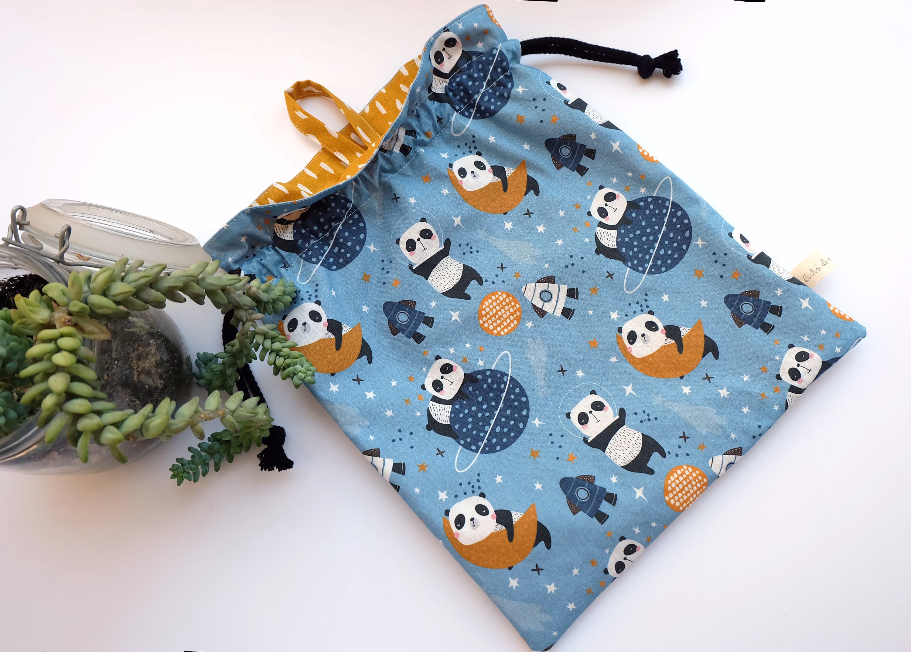 Personalized Drawstring Bag For Kids, Sky Blue Panda Bag, Pre-School Pouch, Gym Add Your Name, Custom Fully Lined, Gift Kid