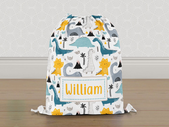 Personalised Dinosaur Gym Bag, Hand Drawn Boys Girls Kids Drawstring Childrens School Pe Swim Bag | Customise With Any Name