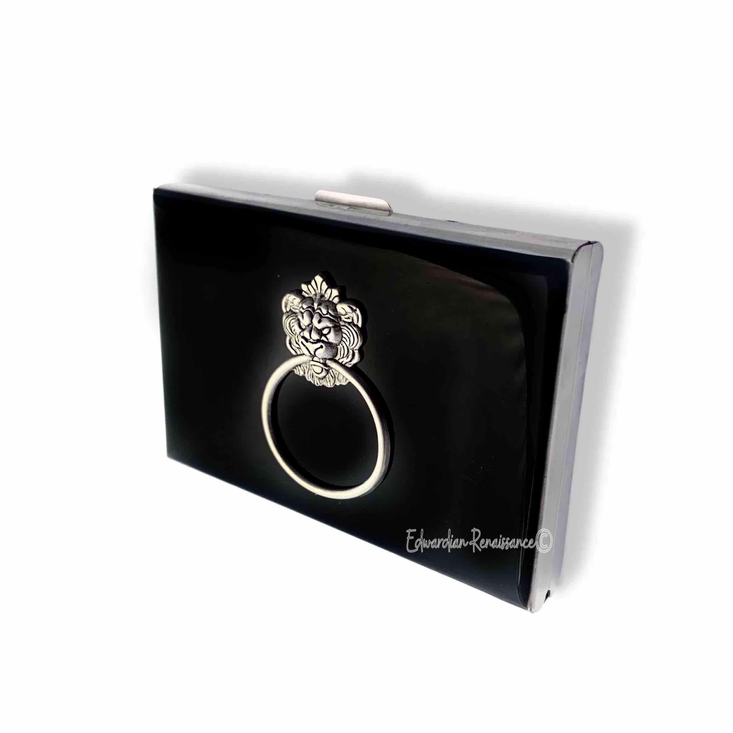 Lion Doorknecker Wallet With Rfid Blocker Inlaid in Hand Painted Black Enamel Gothic Victorian Inspired Personalize & Color Options