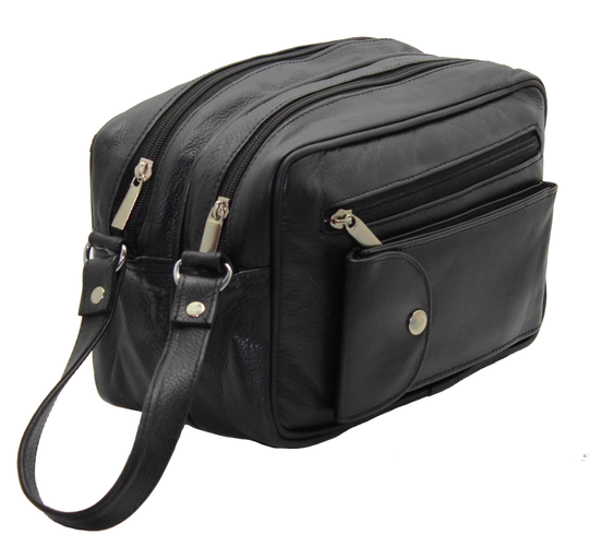 Starhide Black Real Leather Unisex Multi Compartments Travel Toiletry Overnight Wash Gym Bag Shaving Makeup Cosmetics With Handle Strap