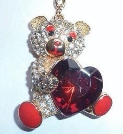 Diamante Teddy Bear Holding A Red Love Heart Purse Handbag Charm Keyring Great Gift